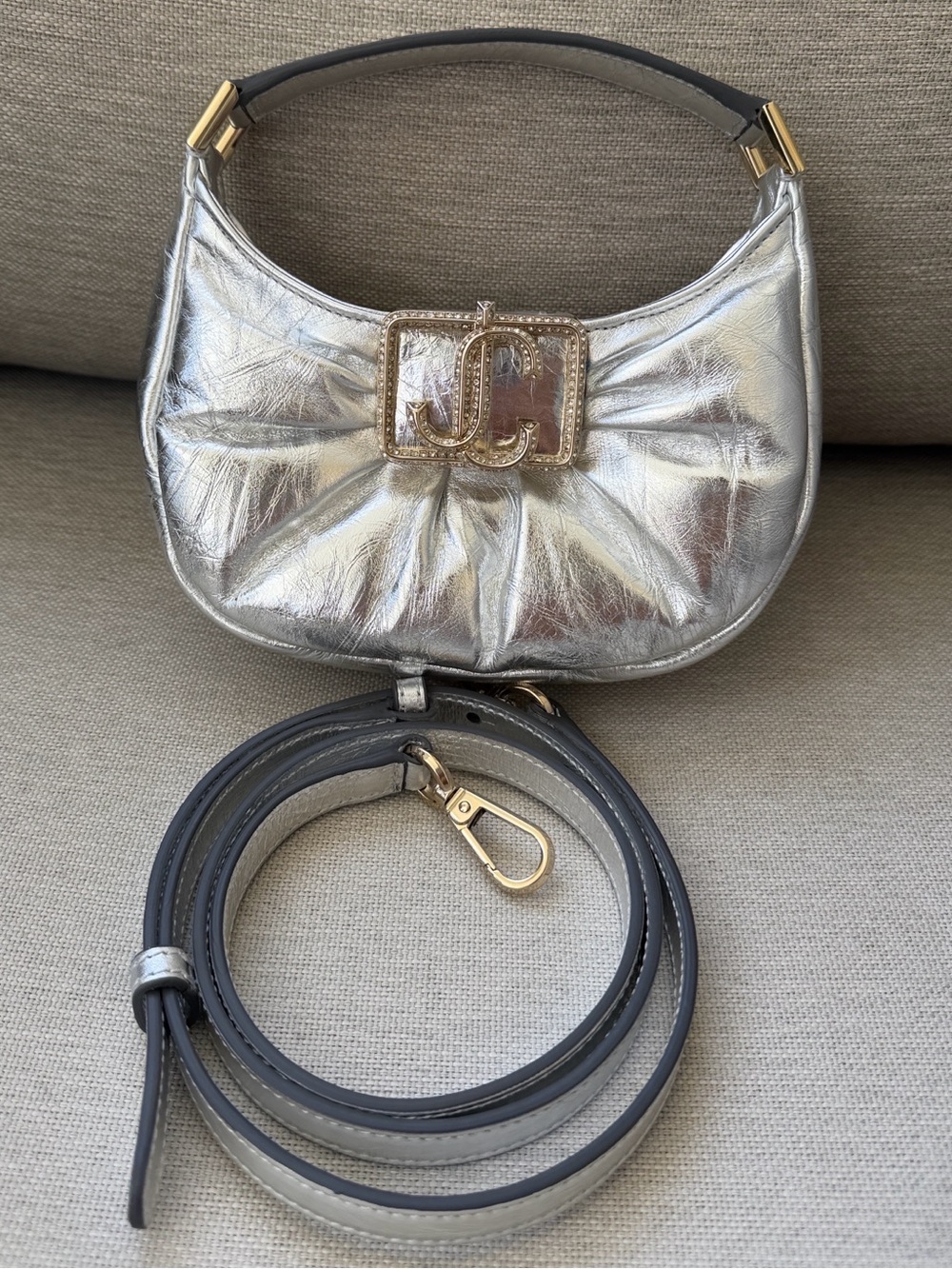 Jimmy Choo Silver Metallic Leather Shoulder Bag with Gold JC Emblem